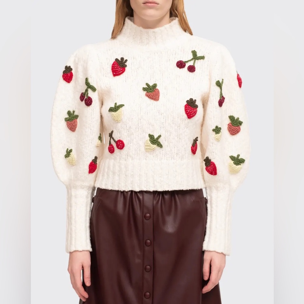 SEA Reese Crochet Fruit Appliqué Wool Blend Sweater